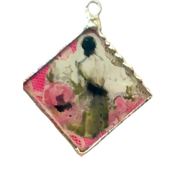 Tiny Art Canvas Silver & Glass Pendant w/ Unakite & Pink Jasper Artisan Necklace - Picture 4 of 17
